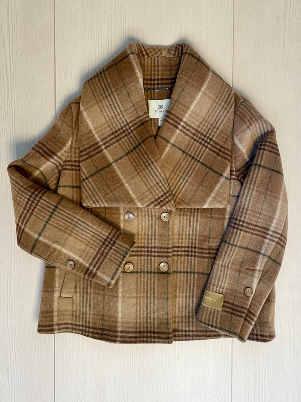 Soia & Kyo Brown Plaid Double-Breasted Peacoat Woman Size L